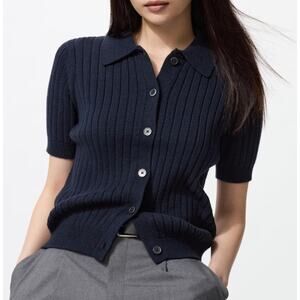 Uniqlo Ribbed Polo Short Sleeve Cardigan in Navy Blue